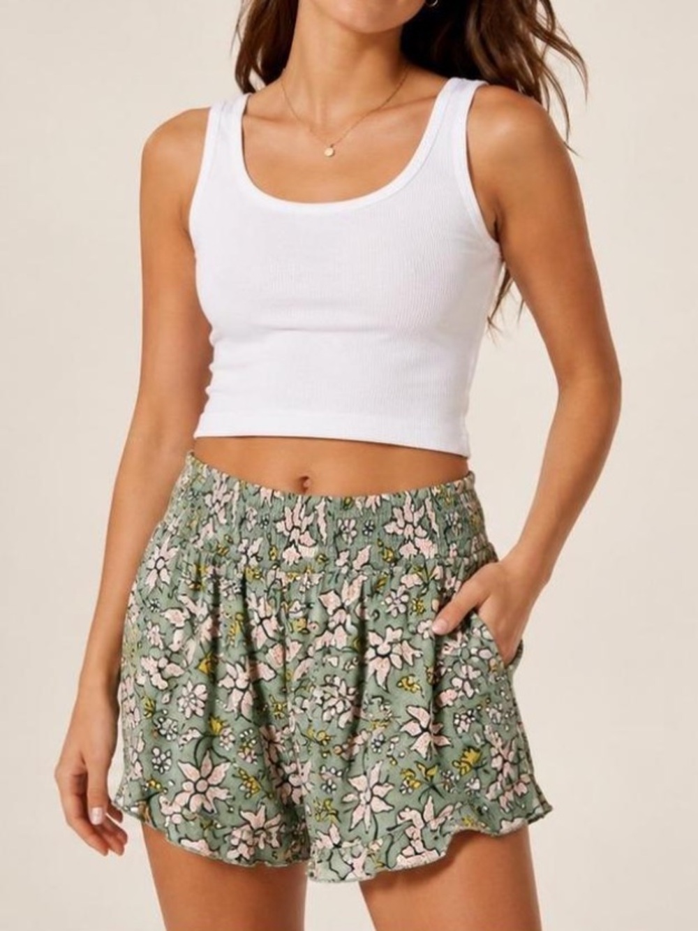 aerie Green Floral High-Waist Shorts with Pink Accents